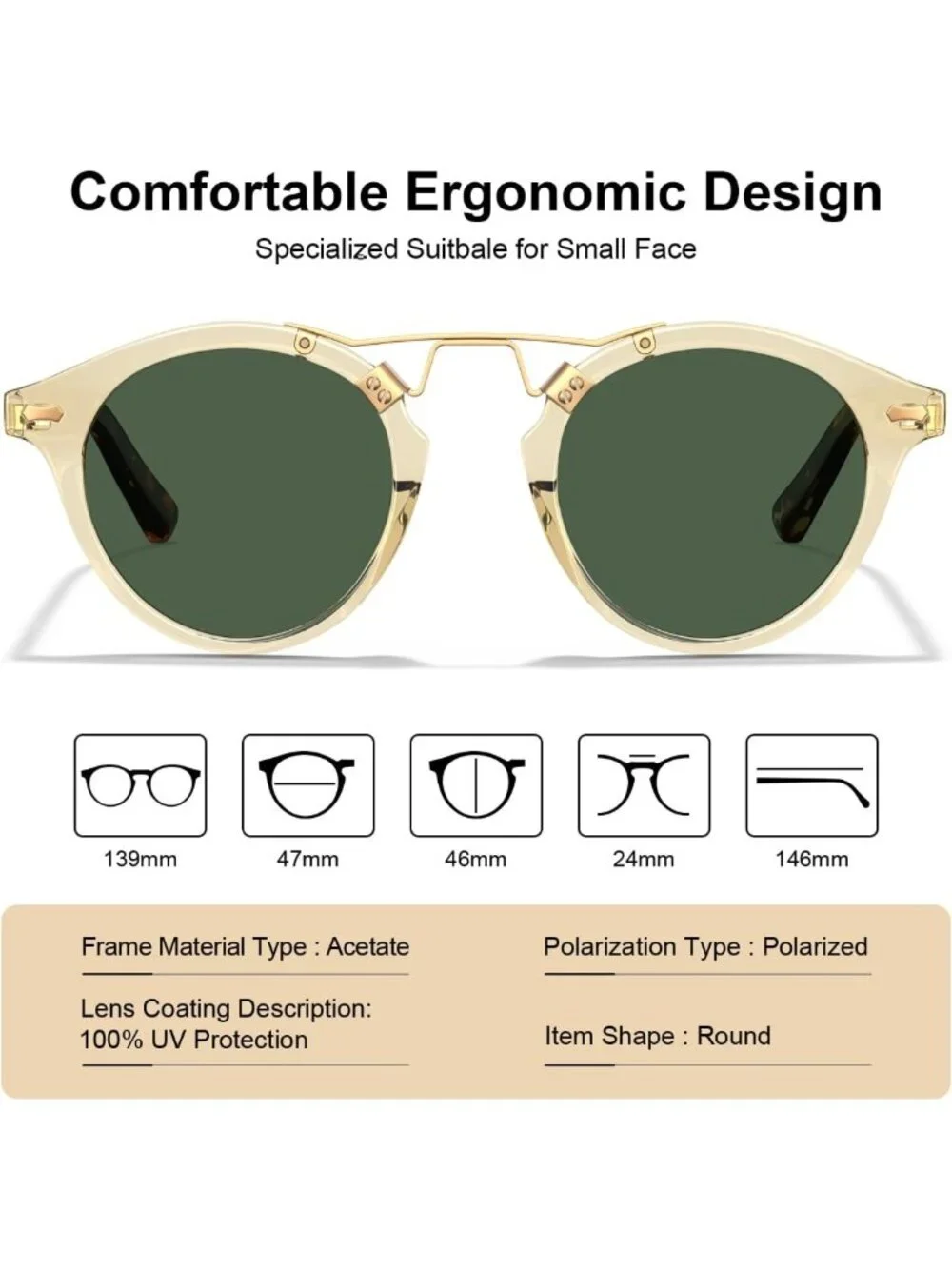 Retro Double Bridge Polarized Women's Sunglasses - Small Acetate Round Frames